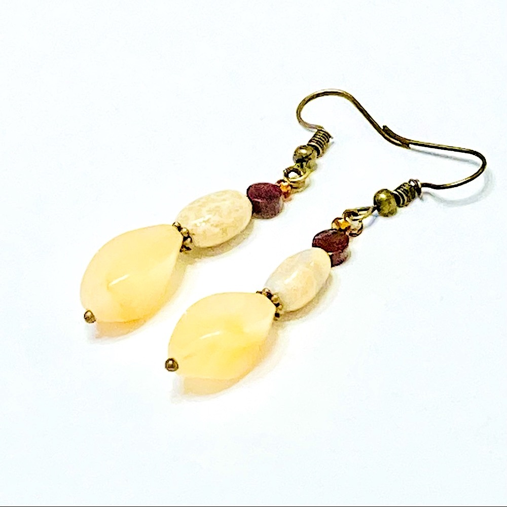 Yellow Aventurine Fossilized Sea Coral Stone & Rust Rainbow Jasper Boho Earrings